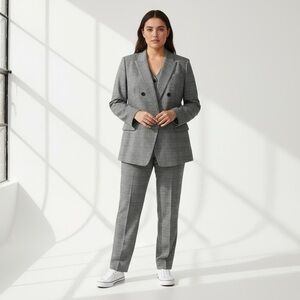 LOFT 2 piece suit set Plaid boyfriend double breasted blazer & pants Grey